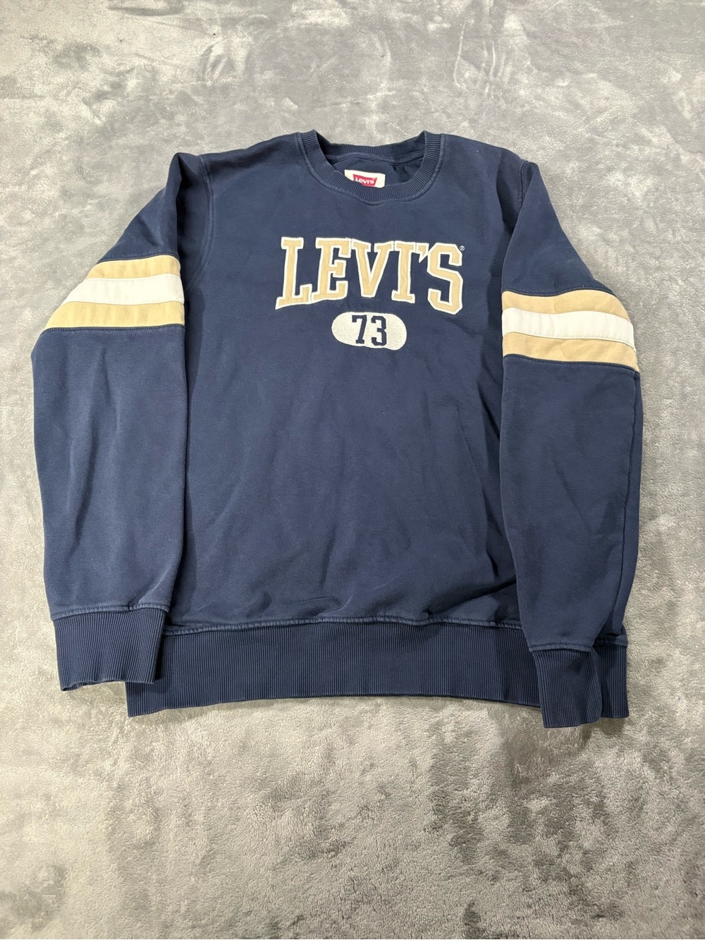 Levi's Navy Crewneck with Cream and Tan Sleeve Stripes
